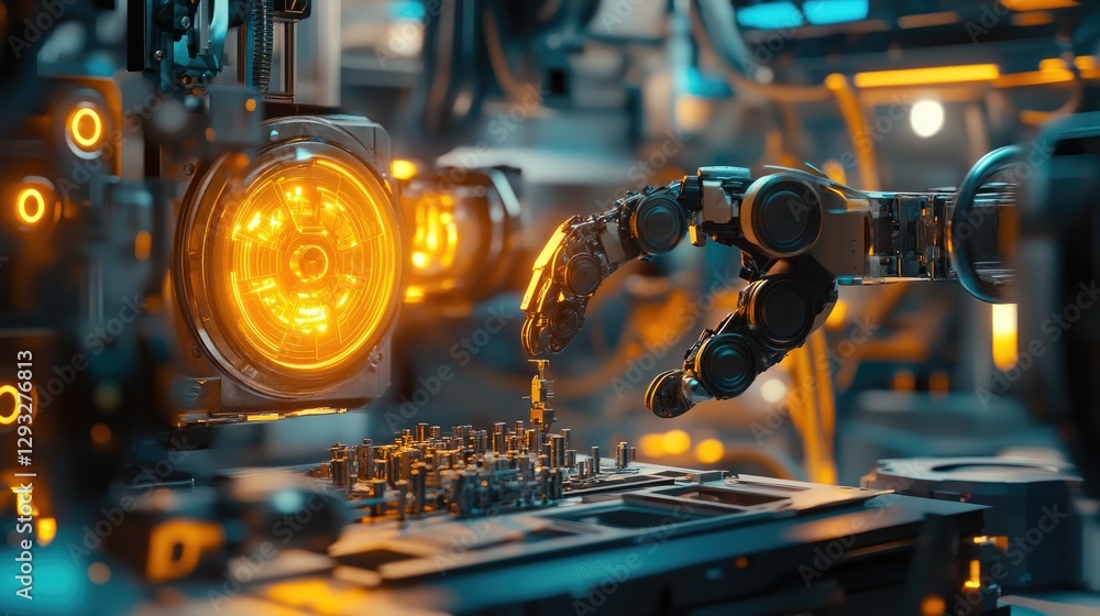 Poster a close-up of a robotic arm assembling small mechanical parts in a high-tech industrial environment 