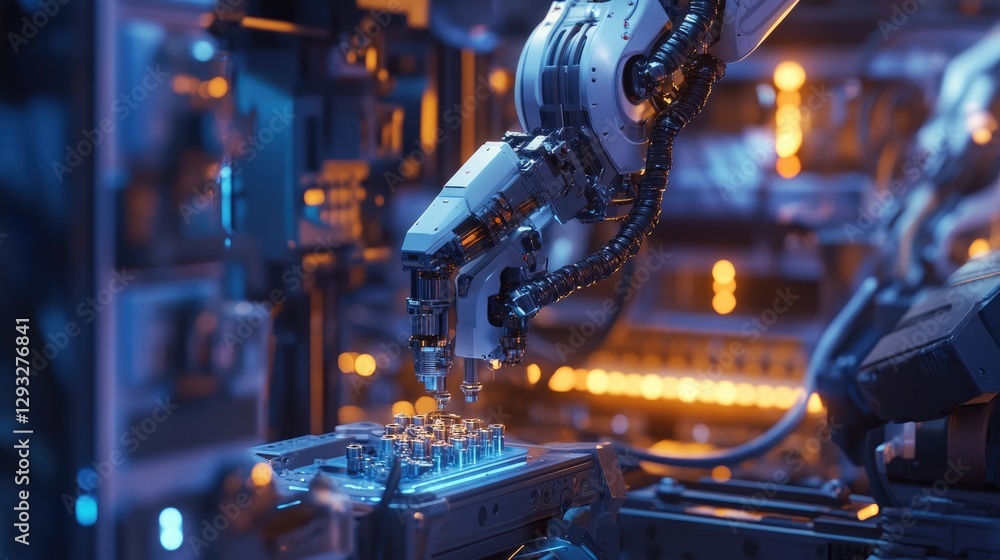 Aufkleber a close-up of a robotic arm assembling small mechanical parts in a high-tech industrial environment 