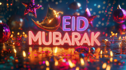 Vibrant Eid Mubarak Neon Sign Festive Design Sparkling Lights Holiday Celebration Golden Crescent Moon Stars Background Bright Shiny Decorated Night Scene Happy Festive Greeting Card Illustration 3D  
