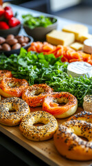 Gourmet bagel platter: cream cheese, smoked salmon, arugula, cheese, and fruits for a delicious and colorful brunch or appetizer.