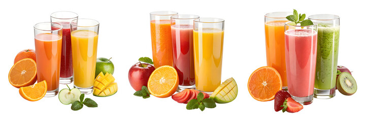 set for Fresh fruit juices in glasses on a transparent background