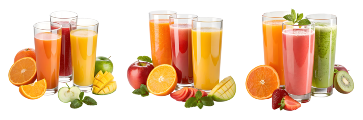 set for Fresh fruit juices in glasses on a transparent background