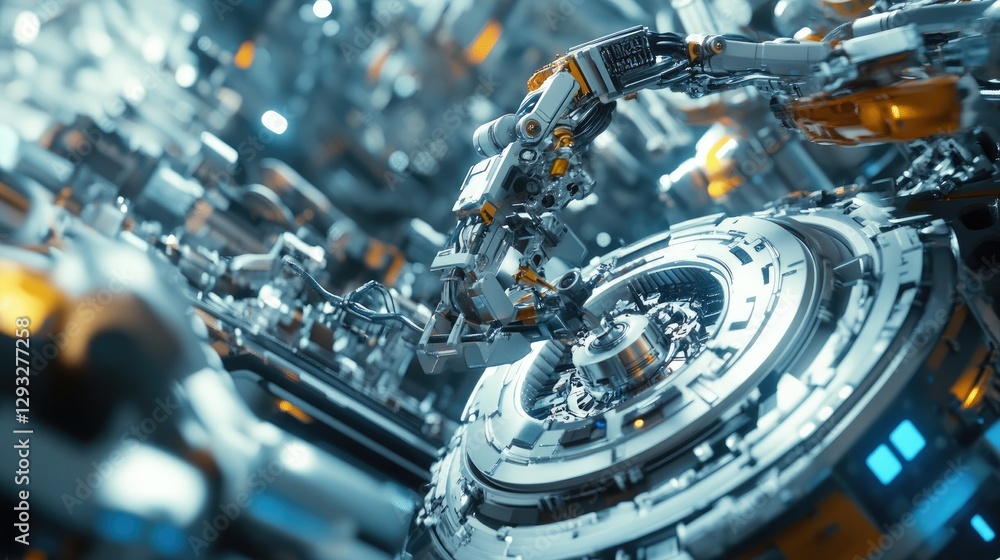 Poster a detailed view of a robotic arm assembling mechanical parts in a futuristic factory, surrounded by 
