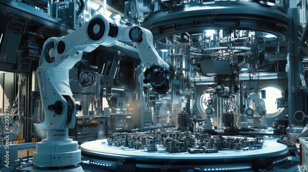 Aufkleber a detailed view of a robotic arm assembling mechanical parts in a futuristic factory, surrounded by 