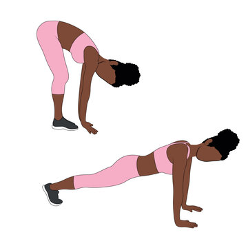 A Black African woman in pink clothing doing walkouts exercise. Flat vector illustration isolated on white background.