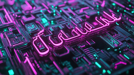 Abstract Neon Arabic Calligraphy Futuristic Technology Digital Art Background Pink Purple Teal Green Circuit Board Design Modern Graphic Illustration 3D Render High Resolution  Detailed Texture Glow  