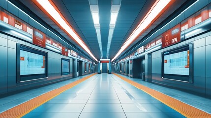 Fototapeta premium Modern metro station with multiple digital billboard mockups, perfect for showcasing vibrant ads