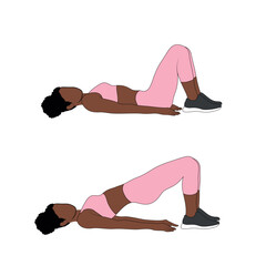 A Black African woman in pink clothing doing glute bridges exercise on a mat. Flat vector illustration isolated on white background