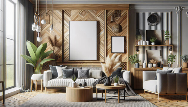 Eleganter Wohnraum mit Sitzm&ouml;bel und einem Blanko-Wandbild, mock-up, Vorlage f&uuml;r Raumbilder mit Poster oder Leinwandbilder