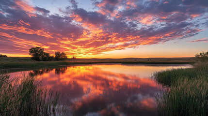 Realistic sunset sky with clouds. Vector illustration of sun going down on horizon, beautiful heavenly orange and pink cloudscape, golden hour. Magic sunlight above ground. End of day, aging symbol