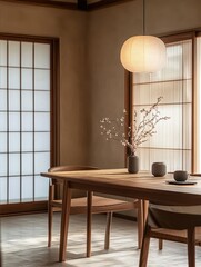 The interior setting of a Japanese dining room looks peaceful
