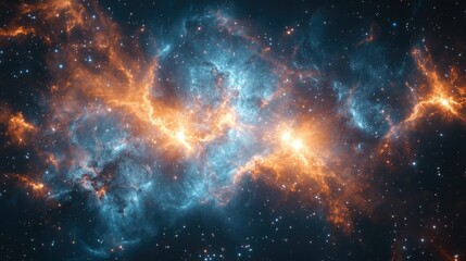 Obraz premium Radiant galactic cloud nebula with swirling cosmic dust, glowing orange and blue hues stretching across the universe