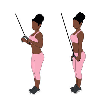 Black Female Character doing cable triceps pushdowns exercise in pink clothing