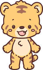 Cute Cartoon Tiger Cub with Stripes and Adorable Expression in Playful Pose