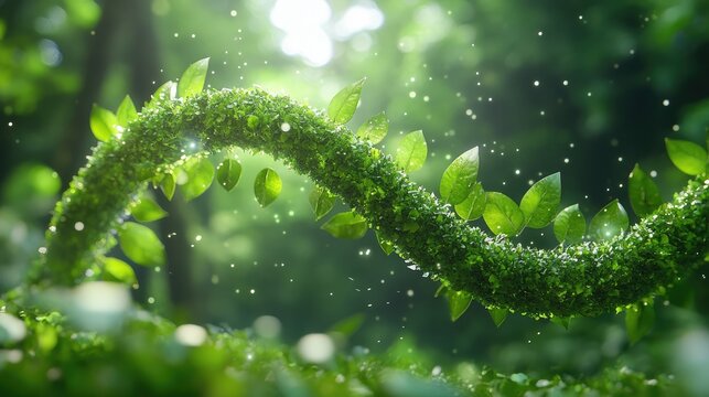 Abstract digital art of a DNA strand made from leaves and light particles, representing sustainable bio-research.