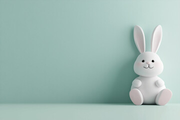Obraz premium A cute plush bunny toy sitting against a soft mint green background. Minimalist and playful composition, perfect for Easter and kids' themes