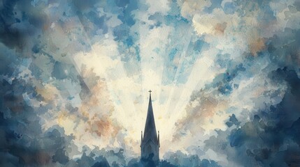 Ethereal Dawn with Church Steeple Silhouetted Against Clouds