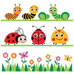 Adorable Garden Bugs Caterpillar, Snail, Ladybug, Spider, and Butterflies