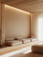 Wooden ceiling with a seating area in a neutral color