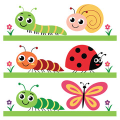 Lovely Insect Illustrations Caterpillar, Snail, Ladybug, Spider, and Butterflies