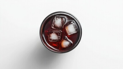 Top-down view of a glass of iced cold brew coffee with ice cubes floating on the surface. White background, minimalist aesthetic