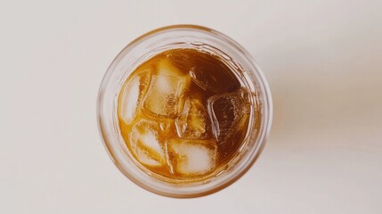 Top-down view of a transparent cup filled with iced Americano, deep brown coffee tones contrasting with the ice. White background