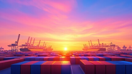 A breathtaking sunset illuminates a busy shipping port, with rows of colorful containers and cranes silhouetted against a vibrant sky.cargo management warehouse scheduling