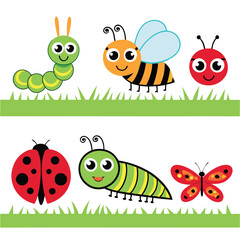 Cartoon Bug Collection Cute Caterpillar, Snail, Ladybug, Spider, and Butterflies