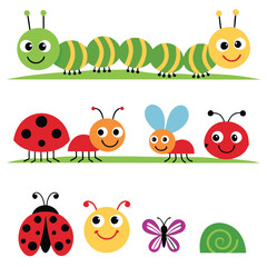 Adorable Insect Friends Caterpillar, Snail, Ladybug, Spider, and Butterflies