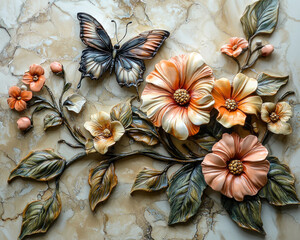 Fototapeta premium Elegant 3D Embossed Clay Floral and Butterfly on Marble Background, Beautiful Spring Floral Decorative Wallpaper Illustration