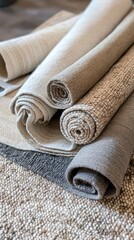 Rolled up carpets and rugs in various shades of beige and gray.  A curated collection of luxurious home decor