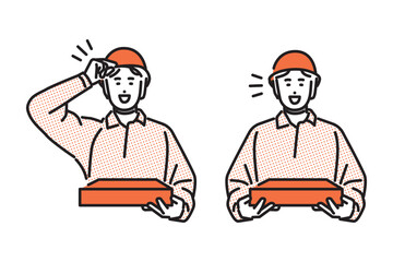 シンプル　イラスト　ピザの配達に来た男性のセット