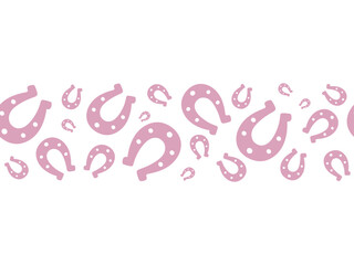 Lucky glamorous horseshoe. Pink silhouette. Seamless single horizontal border. Endless vector pattern. Isolated colorless background. Symbol of good luck. Continuous ornament. Flat style. 