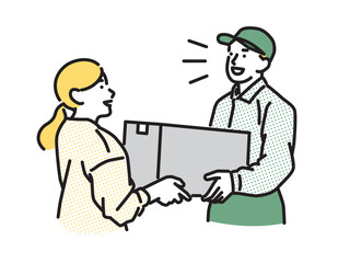 シンプル　イラスト　笑顔で荷物を受け渡す配達員の男性
