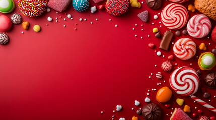 Gift voucher template with sweets and value. Vector coupon for sweet shop, bakery, cafe or restaurant with candies and bubblegums on red background. Promo flyer with present