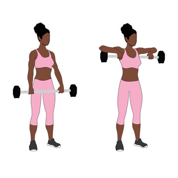 Black Female Character doing the barbell upright row exercise in pink clothing