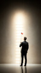 Fototapeta premium A determined businessman stands with a red flag, symbolizing challenges, goals, and future achievements.