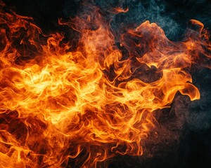 Fototapeta premium Fiery orange and yellow flames dance across a deep black background, dynamically shifting to the right, capturing intense movement and vibrant warmth