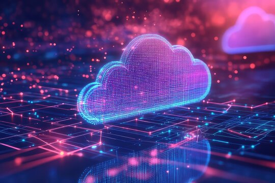 A realistic 3D-rendered cloud computing concept with digital connections.