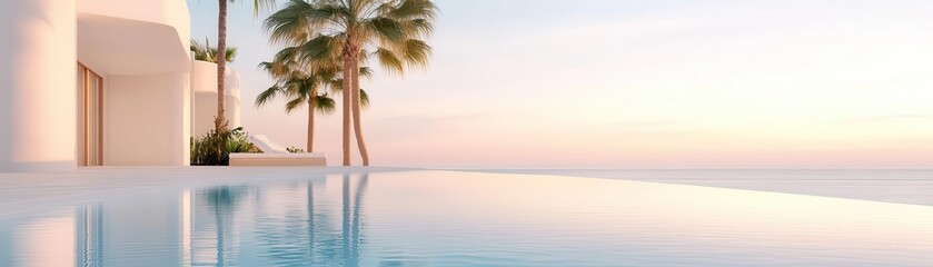 Fototapeta premium Luxury summer villa with an infinity pool, reflecting the golden hour sky, palm trees swaying gently in the warm breeze
