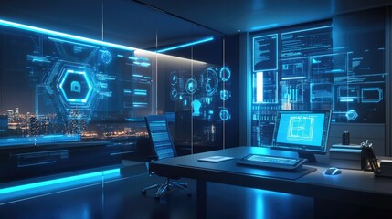 Futuristic Office with Holographic Displays and City View