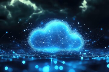 A realistic 3D-rendered cloud computing concept with digital connections.