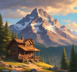 Wild landscape with stunning view and woden cottage.