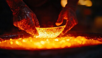 Fototapeta premium Hands shaping molten glass bowl in fiery furnace