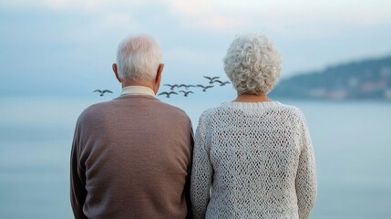 Fototapeta premium A serene scene of an elderly couple gazing at the sea, surrounded by birds in flight, symbolizing love and companionship.