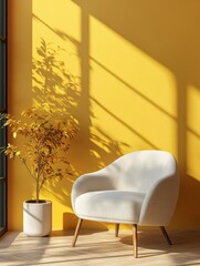 A white chair and potted plant are bathed in sunlight
