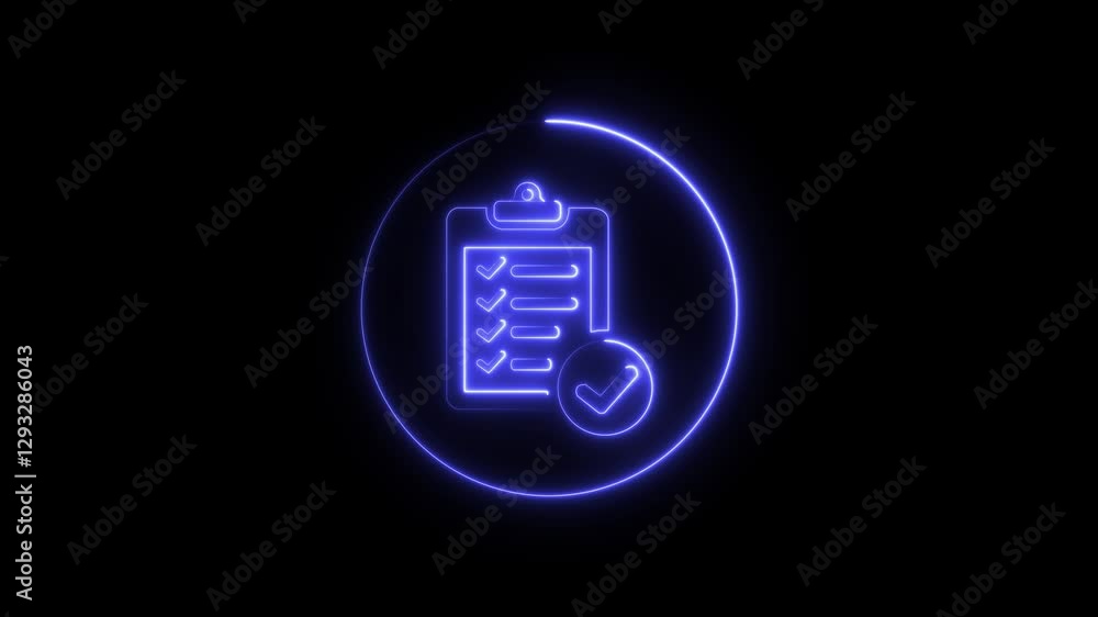Poster glowing neon clipboard with checklist icon isolated on black background.tasks check, checklist icon.