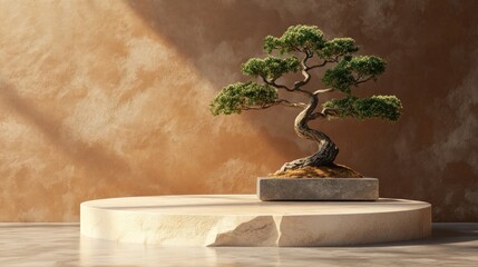 Miniature bonsai tree on a stone pedestal against a textured wall, illuminated by sunlight.