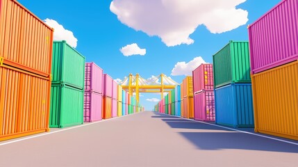 A vibrant scene of colorful shipping containers lining a wide pathway under a bright blue sky with fluffy clouds.cargo management warehouse scheduling