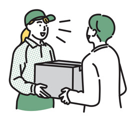 シンプル　イラスト　笑顔で荷物を手渡しする配達員の女性